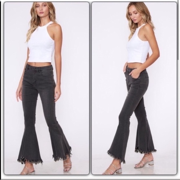 Charcoal Distressed Wide Leg and Fringe Hem Jeans (Black Denim Jeans) - Picture 4 of 10